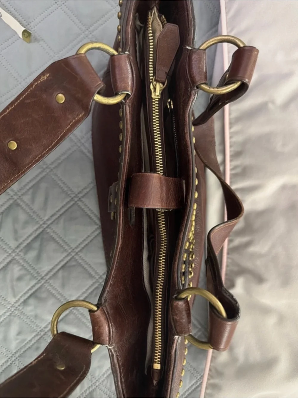 Michael Kors Dark Brown Leather Shoulder Bag with Gold Stud Accents